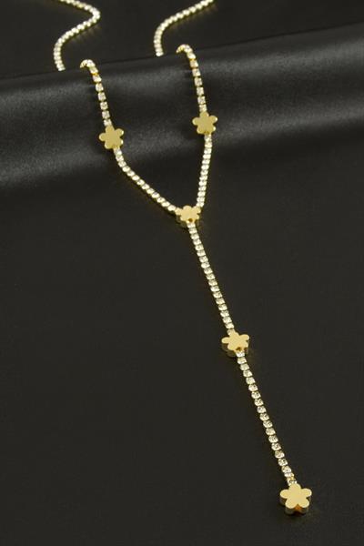 Çiçek Şerit Taşlı Çelik Y Kolye