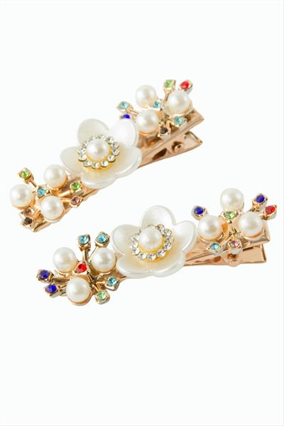 Çiçek Taşlı İnci Pens Toka 2 Adet