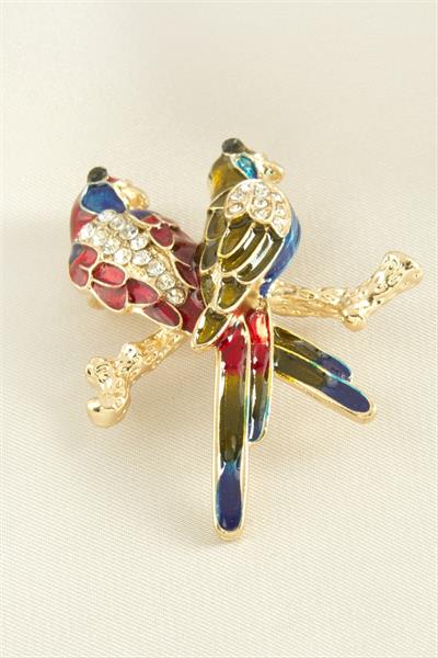 Çift Kuş Mineli Taşlı Broş