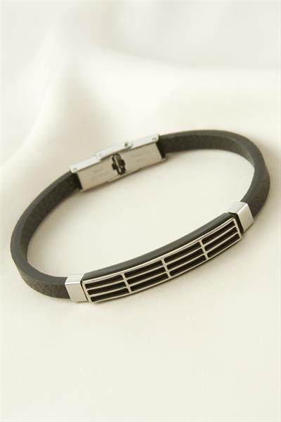 Çizgili Deri Çelik Bileklik