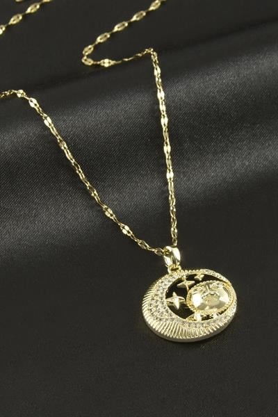 Güneş Hilal Zirkon Taşlı Lüks Çelik Kolye