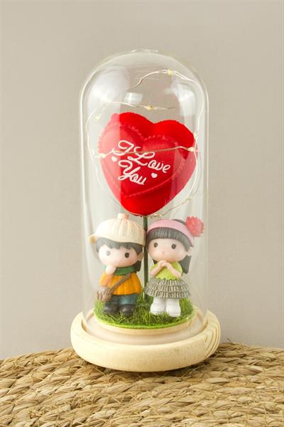 I Love You Yazılı Sevgili Çift Kalpli Işıklı Led Fanus