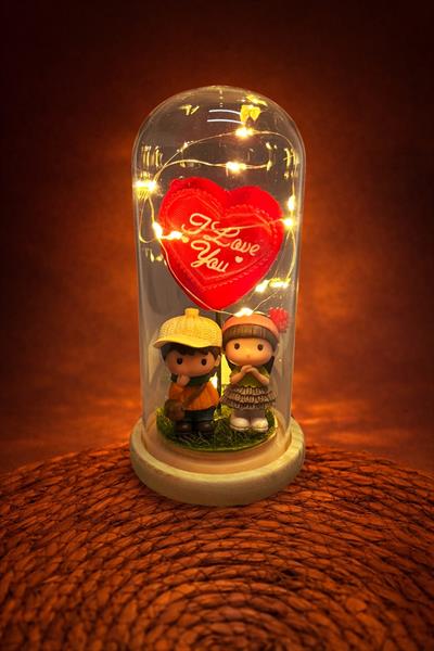I Love You Yazılı Sevgili Çift Kalpli Işıklı Led Fanus