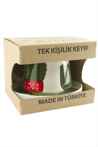 Kaktüs Desenli Seramik Tabaklı Kupa