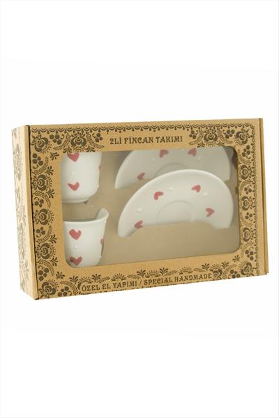Kalp Desenli Seramik İkili Fincan Takımı