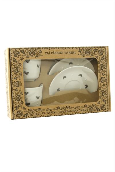 Kalp Desenli Seramik İkili Fincan Takımı