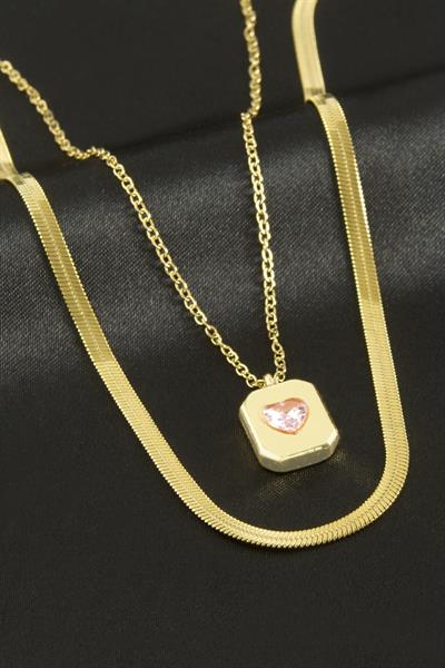 Kalp Kare İkili Çelik Kolye