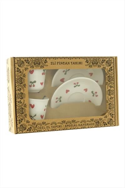Kalp Kiraz Desenli Seramik İkili Fincan Takımı