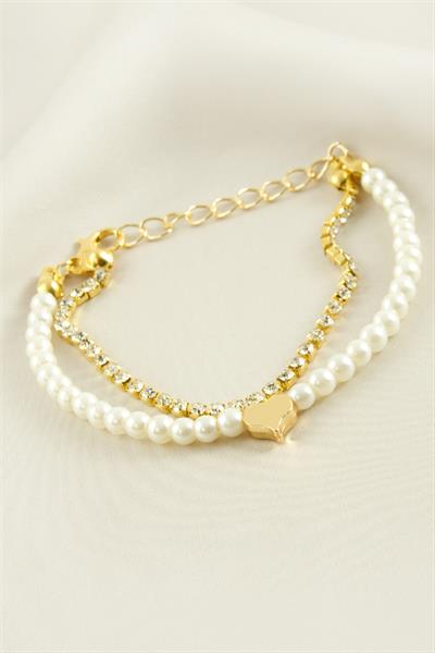 Kalp Şerit Taşlı İnci Bileklik