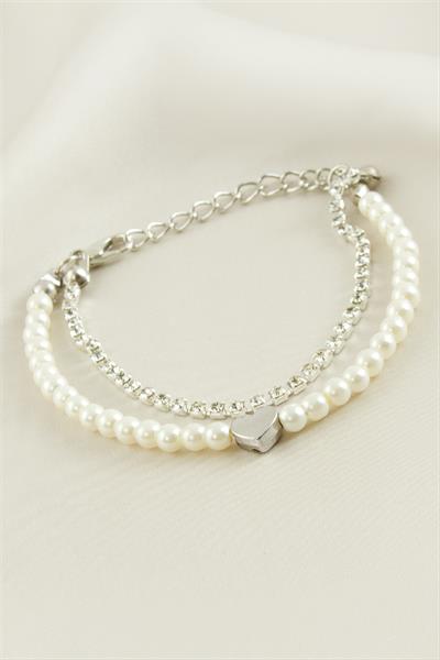 Kalp Şerit Taşlı İnci Bileklik