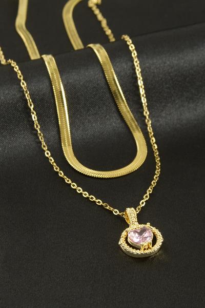 Kalp Zirkon Taşlı Çelik İkili Kolye