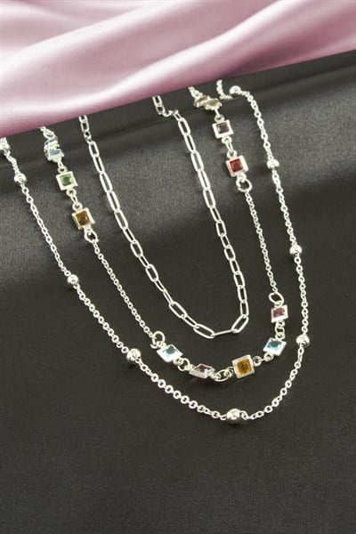 Kare Kristal Taşlı Üçlü Kolye