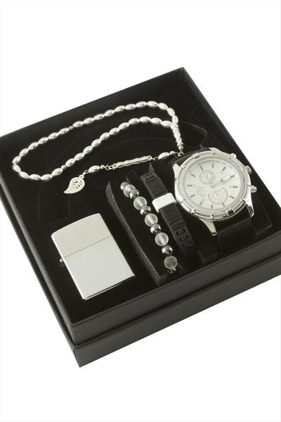 Kayışlı Kol Saati Tesbih Bileklik ve Çakmak Kutulu Set