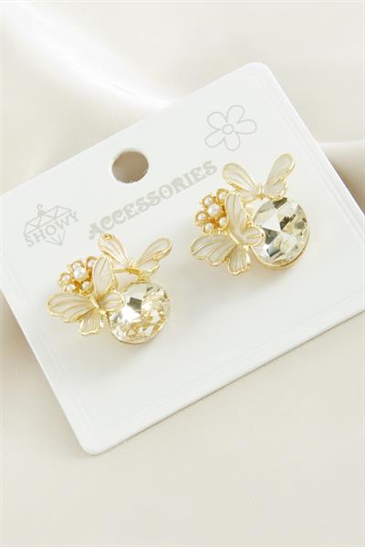 Kelebek İnci Taşlı Metal Küpe