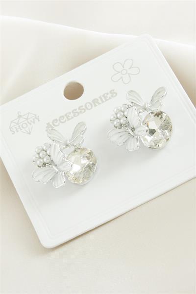 Kelebek İnci Taşlı Metal Küpe