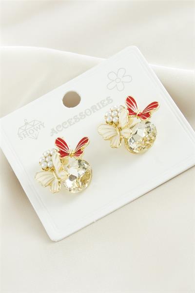 Kelebek İnci Taşlı Metal Küpe