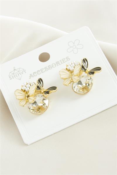 Kelebek İnci Taşlı Metal Küpe