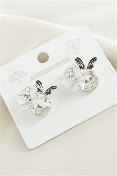 Kelebek İnci Taşlı Metal Küpe