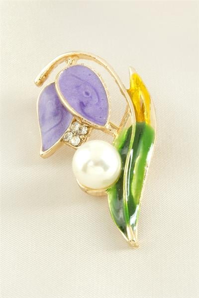 Lale Yaprak Mineli Taşlı Broş