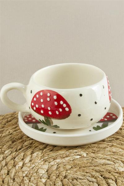 Mantar Desenli Seramik Tabaklı Kupa