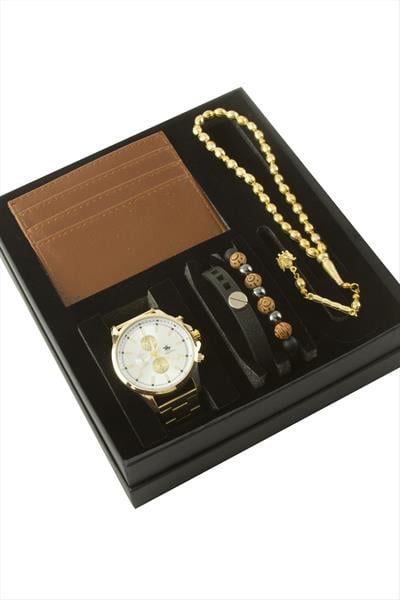 Metal Kol Saati Tesbih Bileklik ve Cüzdan Kutulu Set