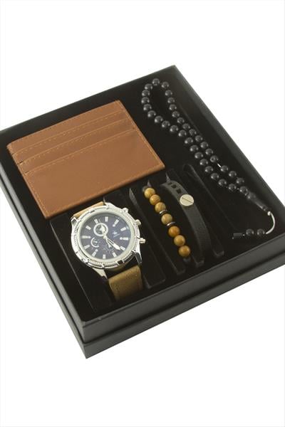 Metal Kol Saati Tesbih Bileklik ve Cüzdan Kutulu Set