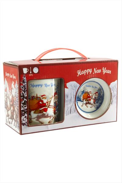 Noel Baba Desenli Yılbaşı Seramik Tabaklı Kupa