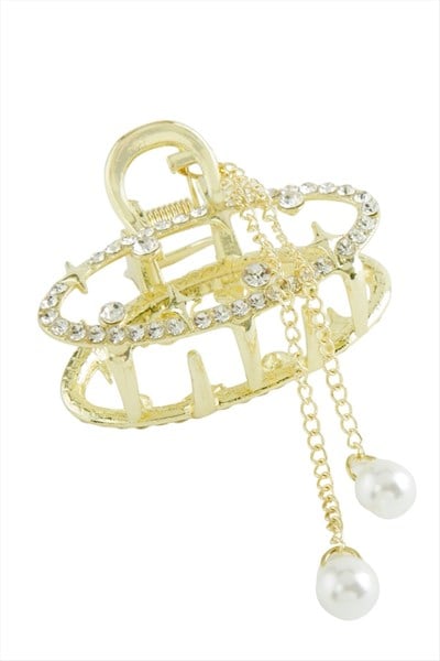 Oval İnci Taşlı Metal Mandal Toka 5 cm
