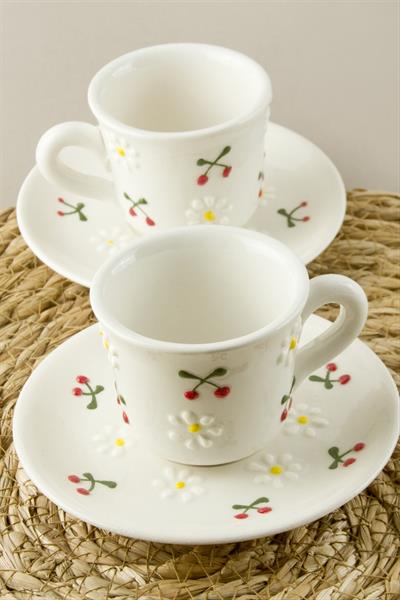 Papatya Kiraz Desenli Seramik İkili Fincan Takımı