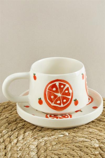 Portakal Desenli Seramik Tabaklı Kupa