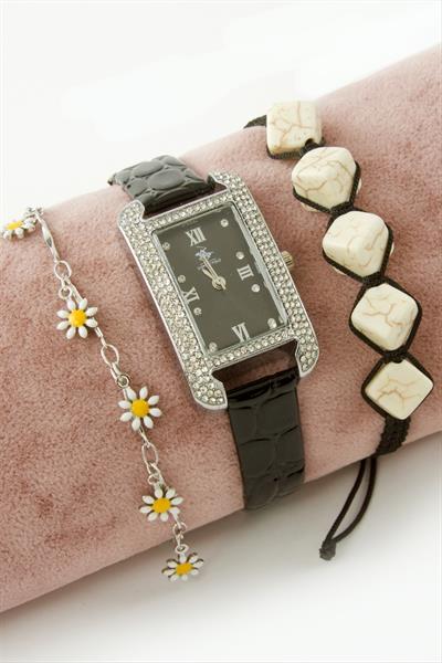Taşlı Kayışlı Bayan Kol Saati ve Bileklik Kombini