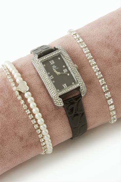 Taşlı Kayışlı Bayan Kol Saati ve Bileklik Kombini