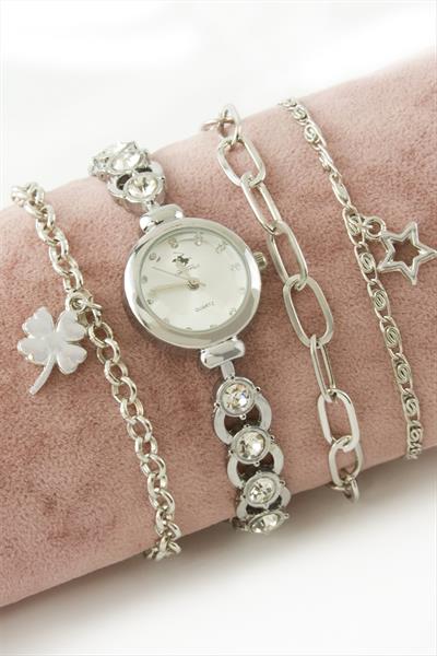 Taşlı Metal Kordonlu Bayan Kol Saati ve Bileklik Kombini
