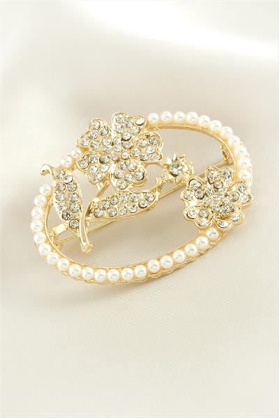 Yonca Çiçek İnci Taşlı Broş