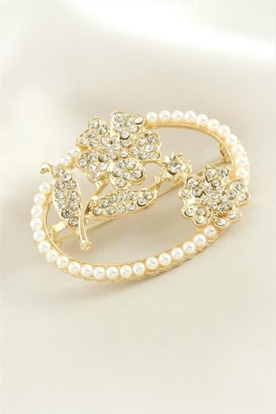 Yonca Çiçek İnci Taşlı Broş