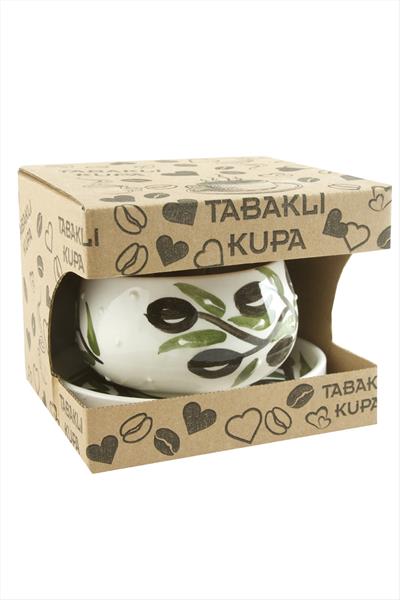 Zeytin Dalı Desenli Seramik Tabaklı Kupa