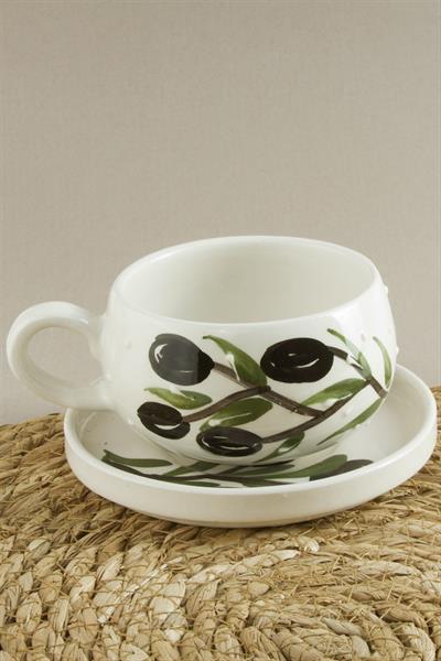 Zeytin Dalı Desenli Seramik Tabaklı Kupa