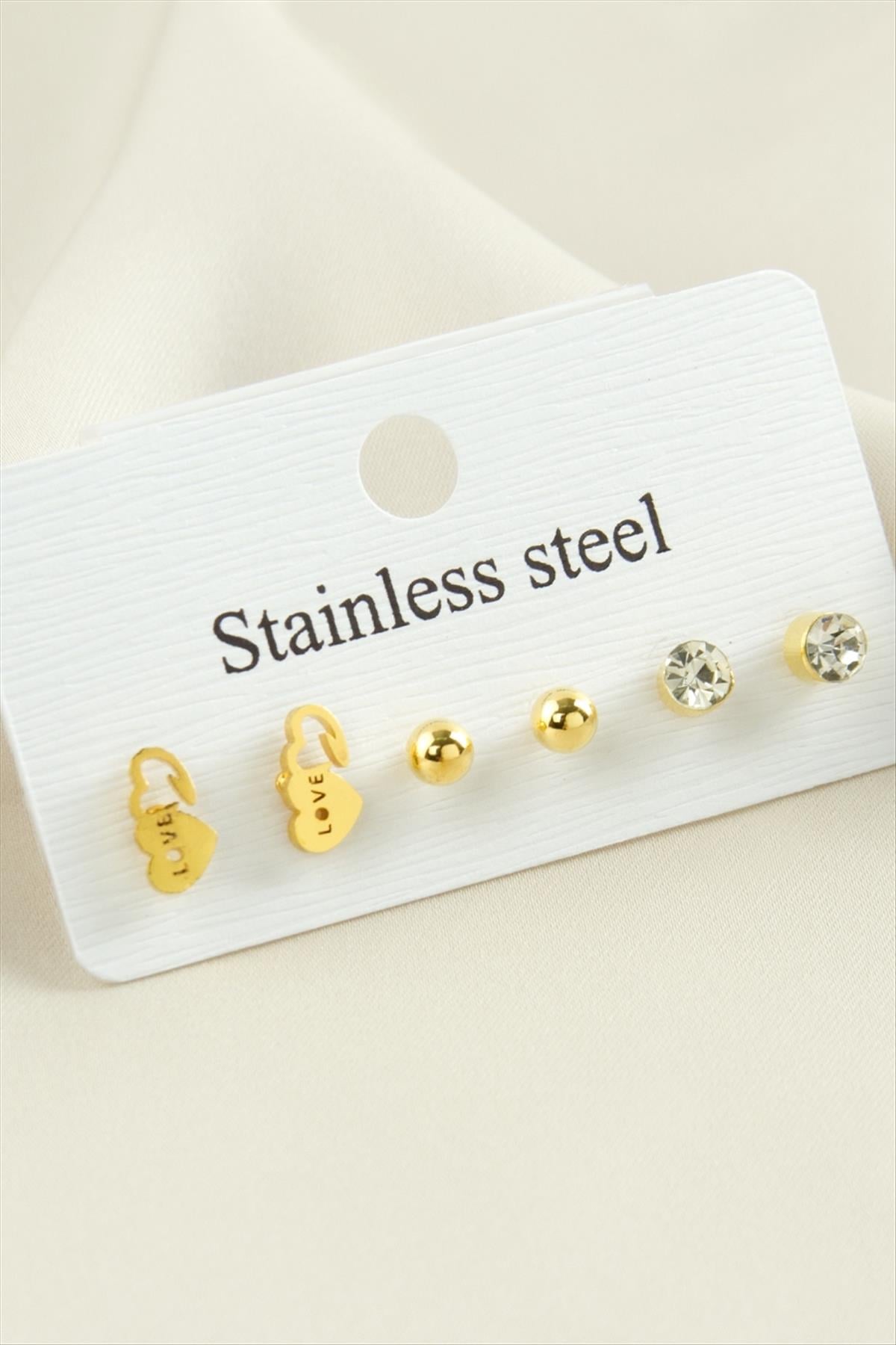 6 Adet Kalp Taşlı Çelik Küpe