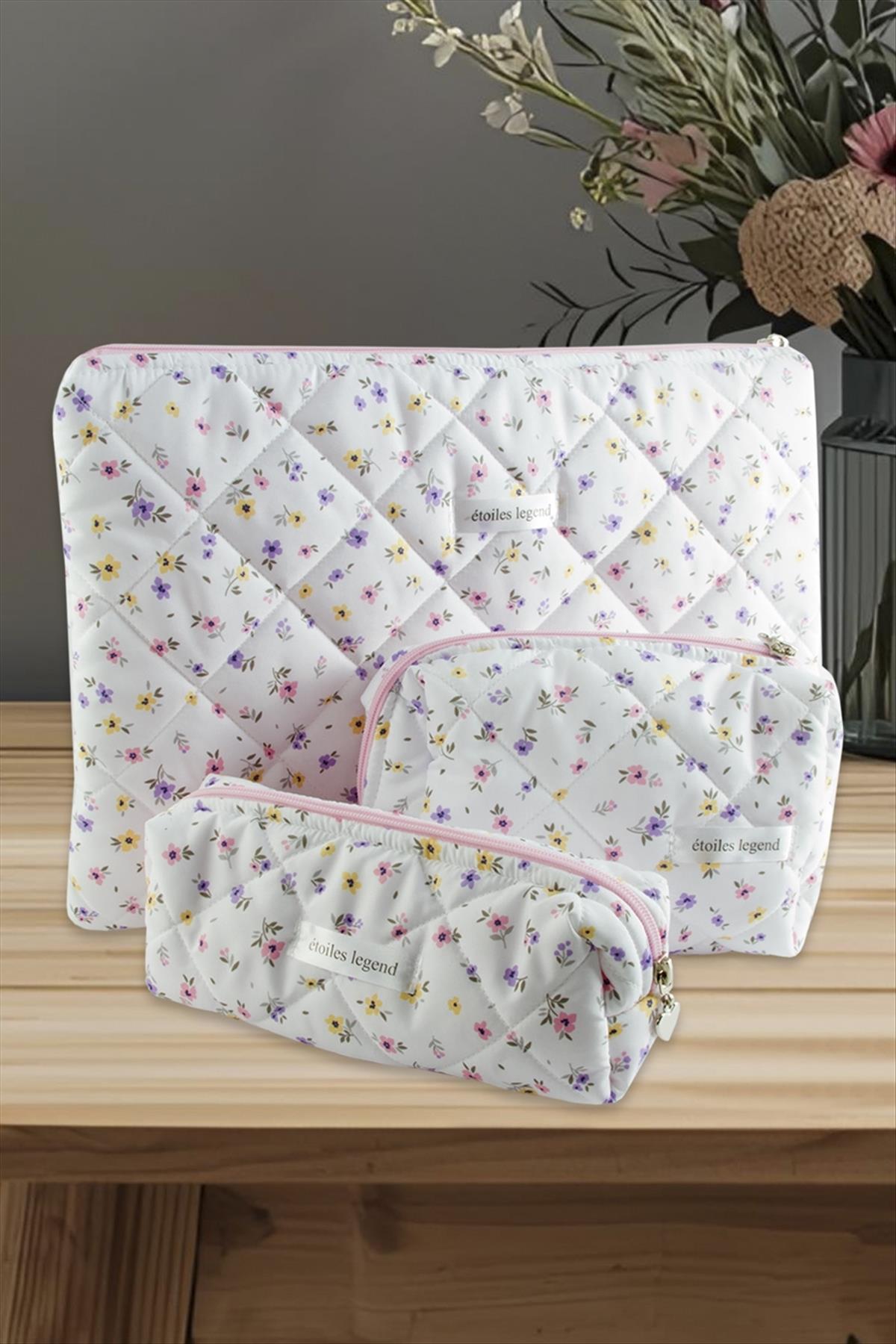 Çiçek Desenli Kalem Makyaj Labtop Bilgisayar Set Çantası