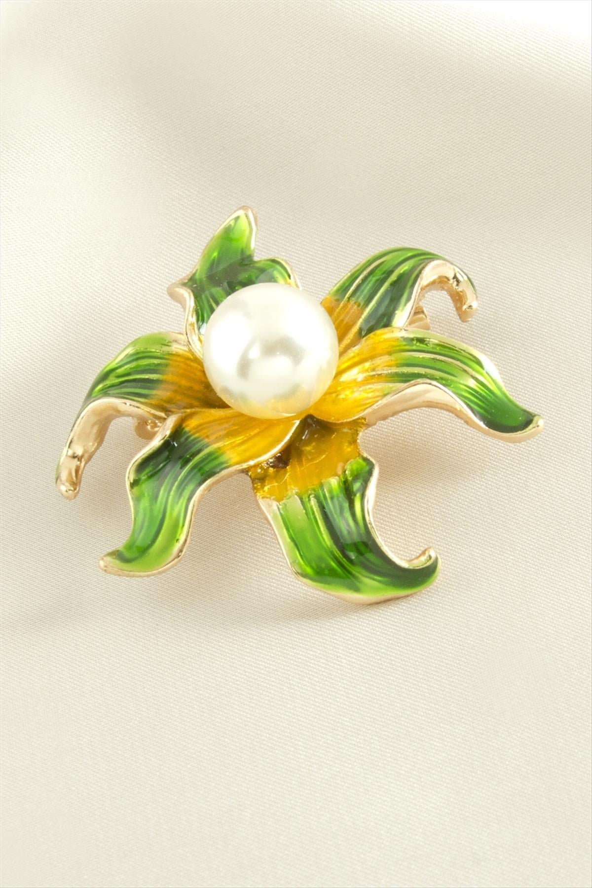 Çiçek Mineli İnci Broş