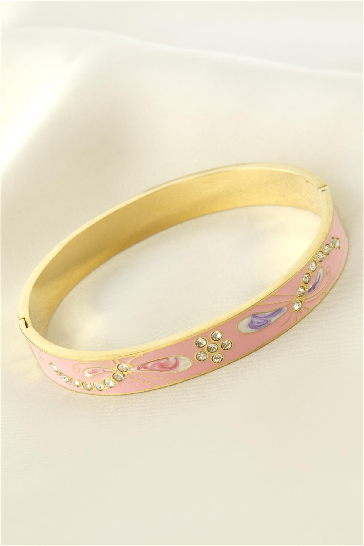 Çiçek Mineli Lüks Çelik Kelepçe Bileklik