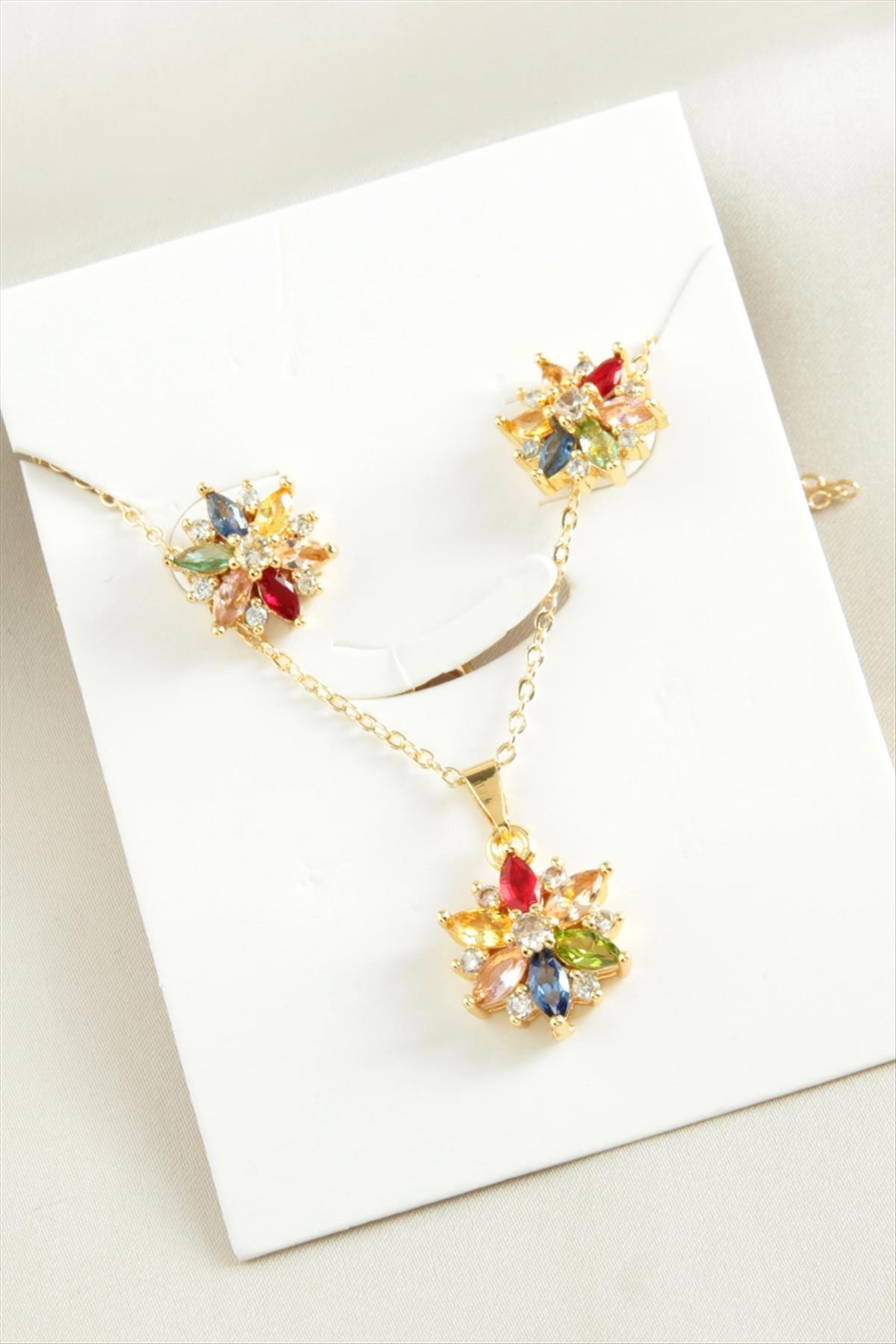 Çiçek Zirkon Taşlı Set Kolye