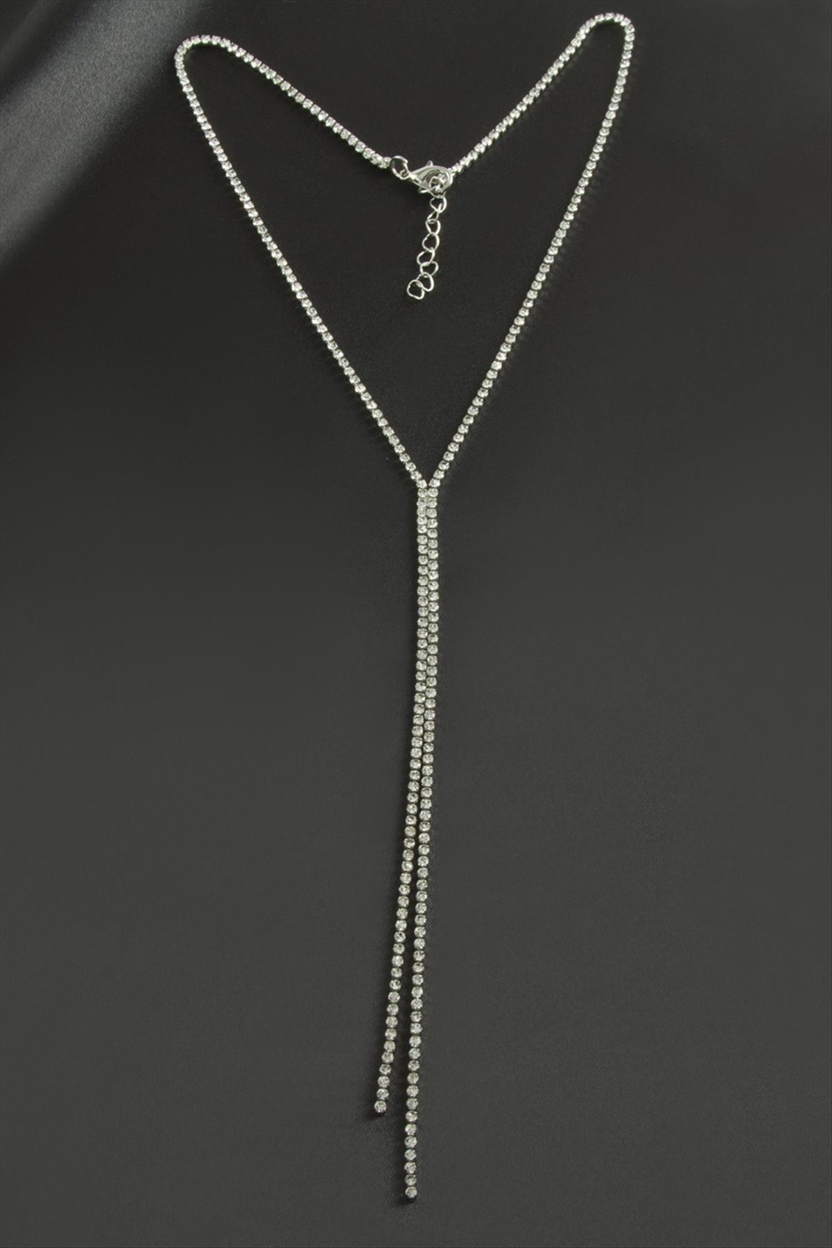 Çift Şerit Taşlı Çelik Kolye 4 mm