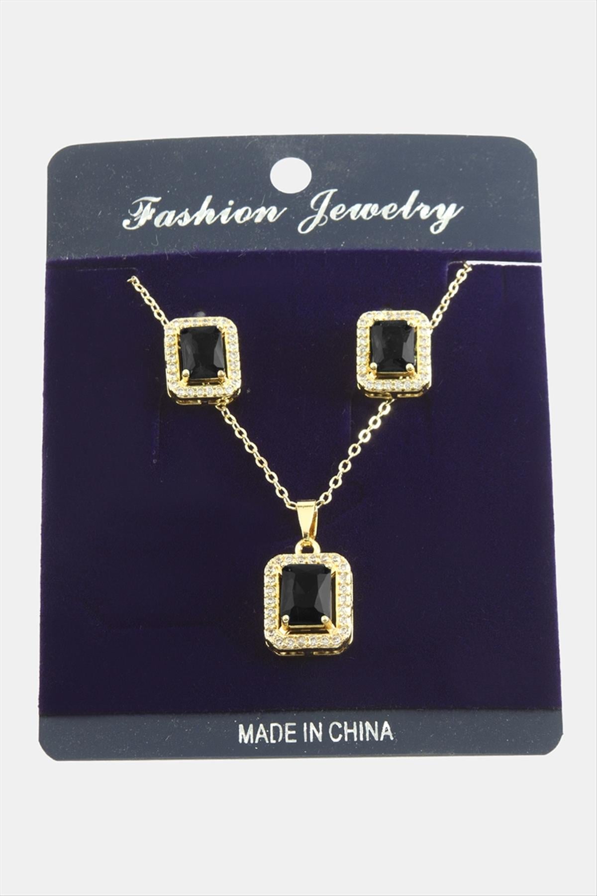 Dikdörtgen Zirkon Taşlı Set Kolye