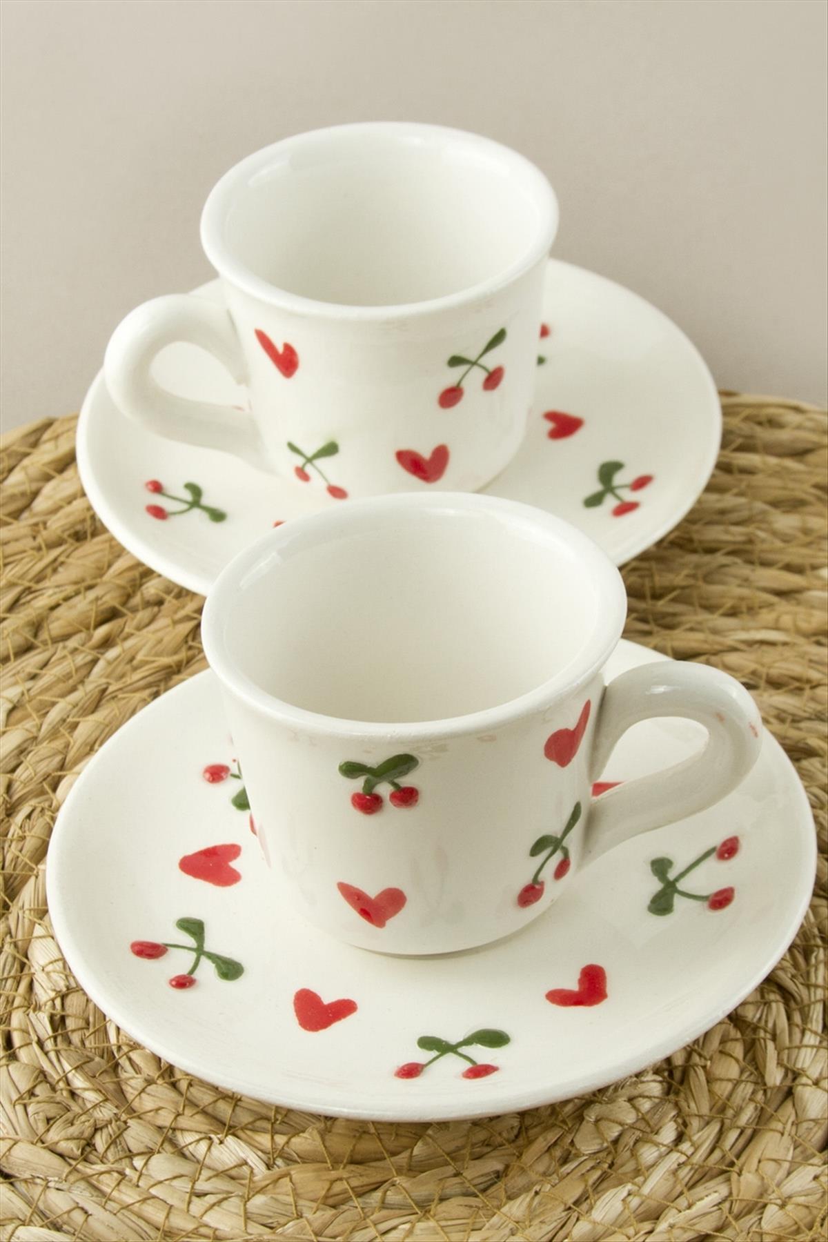 Kalp Kiraz Desenli Seramik İkili Fincan Takımı