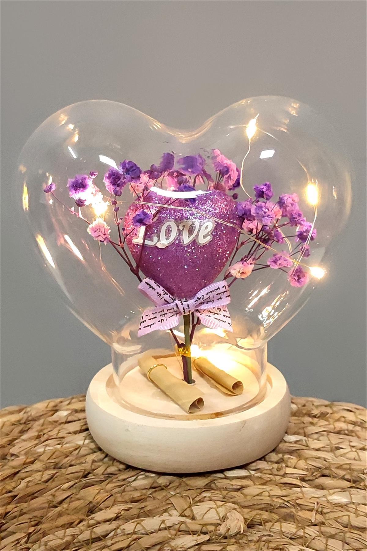Kalp Love Yazılı Işıklı Led Cam Fanus