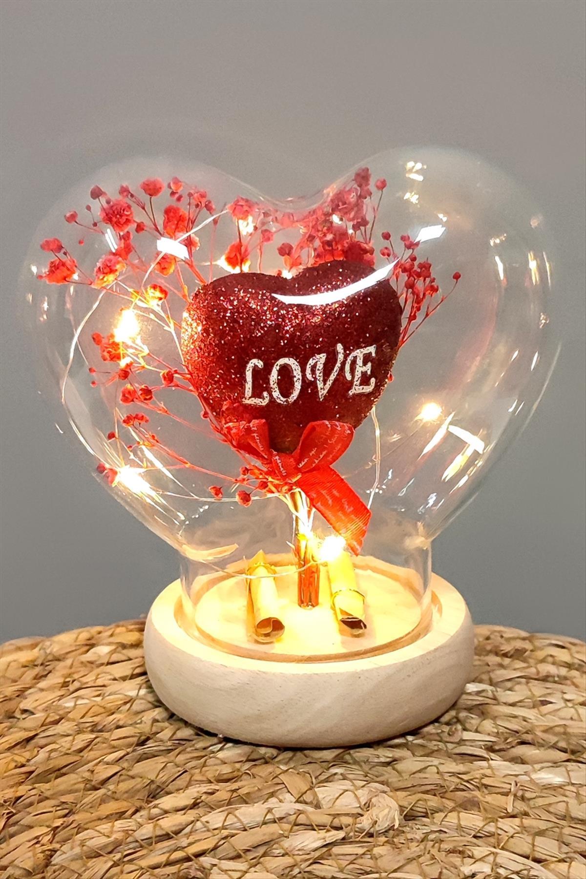 Kalp Love Yazılı Işıklı Led Cam Fanus
