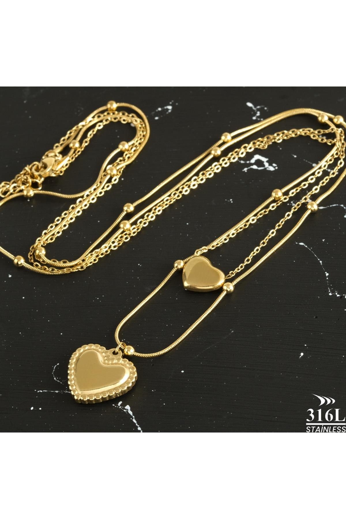 Kalp Lüks Çelik İkili Kolye
