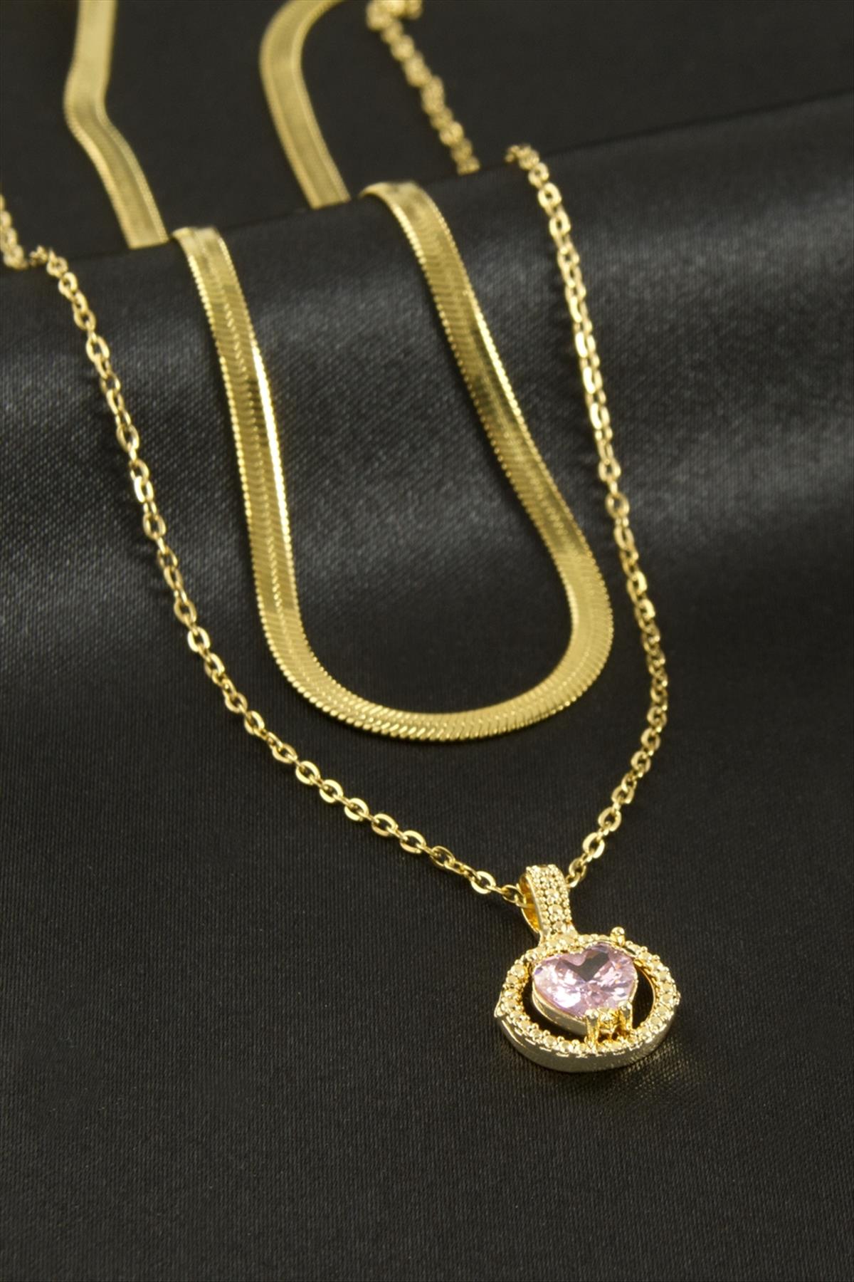 Kalp Zirkon Taşlı Çelik İkili Kolye