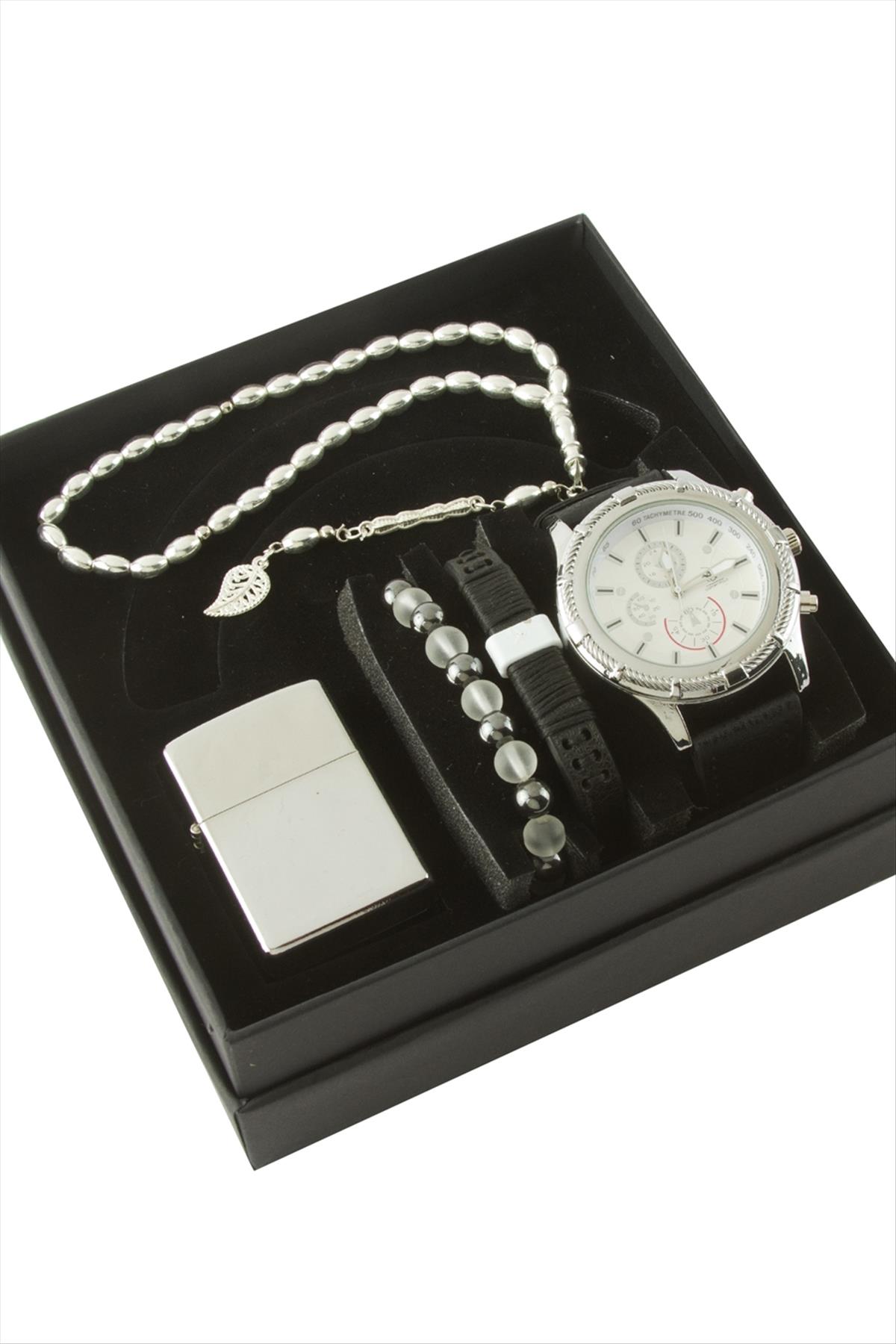 Kayışlı Kol Saati Tesbih Bileklik ve Çakmak Kutulu Set